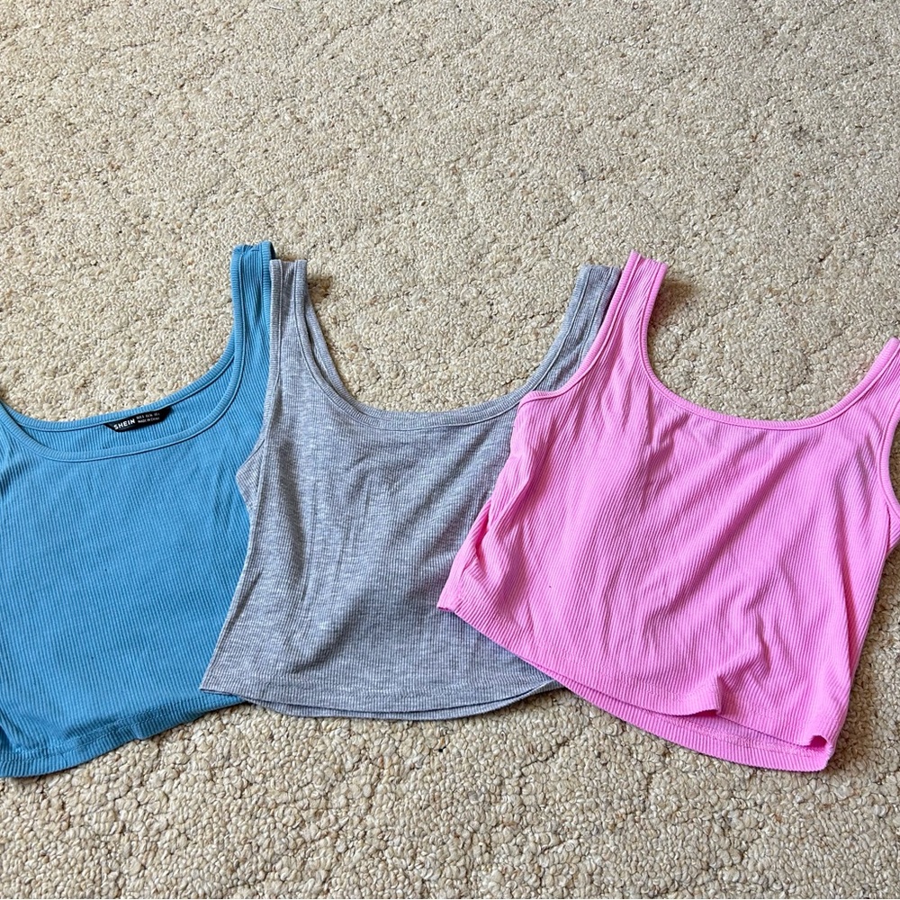 Set of Three Ribbed Tank Tops - Blue, Gray, Pink